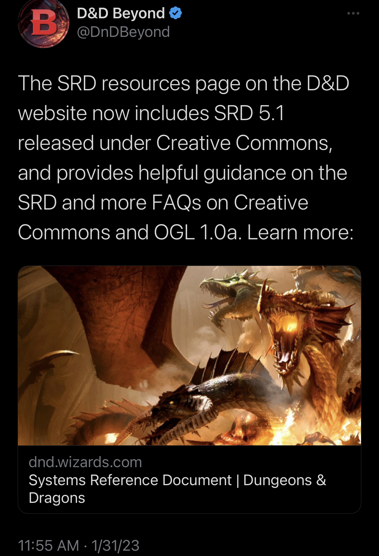 The SRD resources page on the D&D website now includes SRD 5.1 released under Creative Commons, and provides helpful guidance on the SRD and more FAQs on Creative Commons and OGL 1.0a. Learn more: